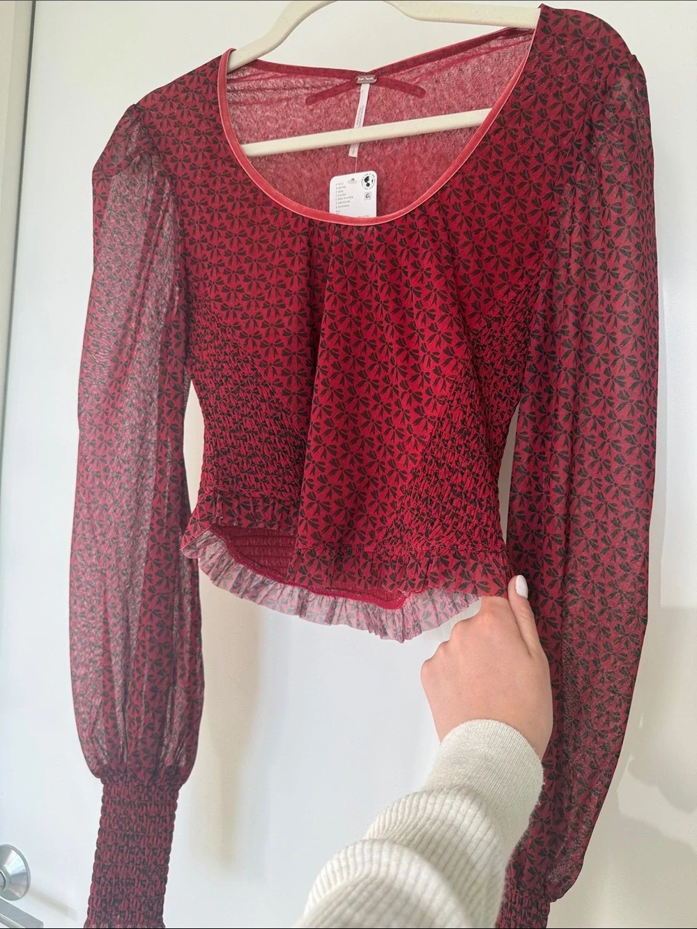 Free People Burgundy Printed Mesh Crop Top with Smocked Cuffs